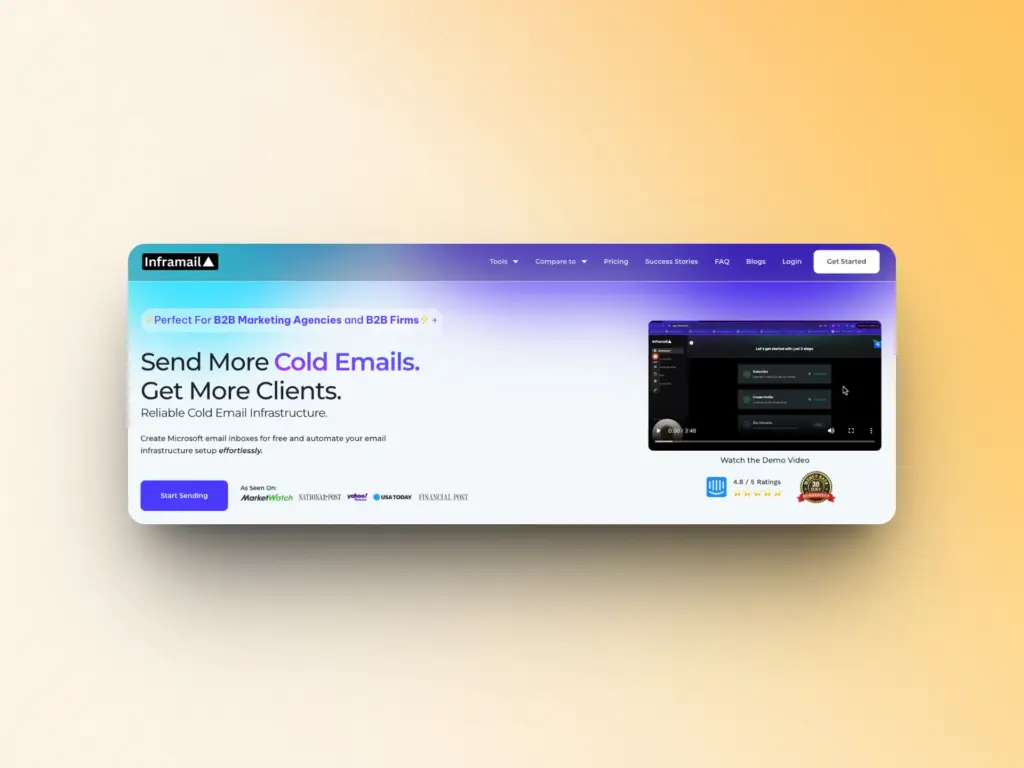 Top 7 MailScale Alternatives For Your Email Outreach 6 A website homepage for Inframail advertises Send More Cold Emails. Get More Clients. Showcasing a screenshot of the platform, navigation links, and company logos on a gradient background, it's the top maildoso alternative for effective outreach.