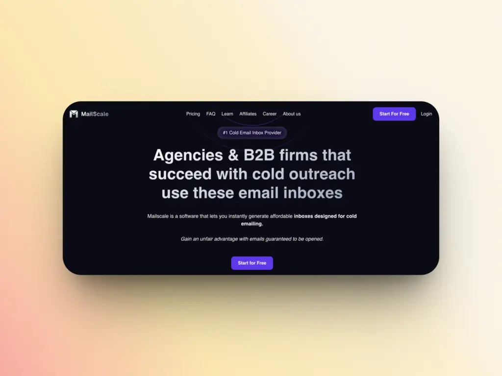 Top 7 MailScale Alternatives For Your Email Outreach 1 A dark-themed website homepage for MailScale, featuring text that highlights inboxes for agencies and B2B firms to boost cold outreach—positioned as a top Zapmail alternative—with prominent Start for Free buttons.