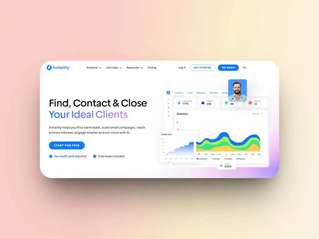 Top 7 MailScale Alternatives For Your Email Outreach 8 A website landing page for Instantly promoting tools to find and contact clients, featuring a dashboard with analytics graphs, a profile photo, and blue “Start for Free” and “See Demo” buttons—an ideal zapmail alternative.