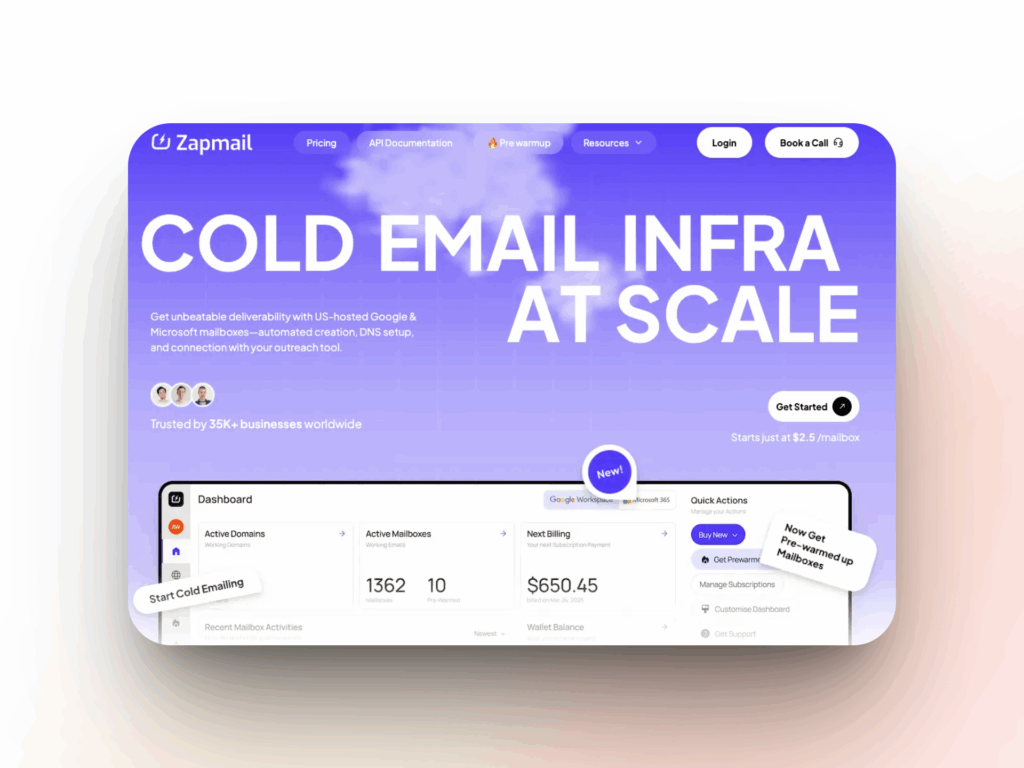 Top 7 MailScale Alternatives For Your Email Outreach 3 A website homepage for Zapmail features the headline “COLD EMAIL INFRA AT SCALE” over a purple gradient background, dashboard stats, and buttons for starting, logging in, and booking a call—ideal if you’re seeking a maildoso alternative.