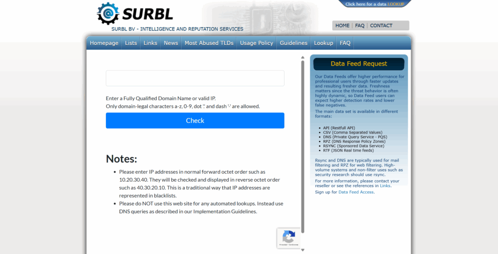 Lista negra SURBL: Cómo eliminar tu IP de ella 1 Screenshot of the SURBL website’s Data Lookup page, showing a search box for domain or IP lookup, notes about input restrictions, a reCAPTCHA, and a sidebar explaining the Data Feed Request and supported formats.