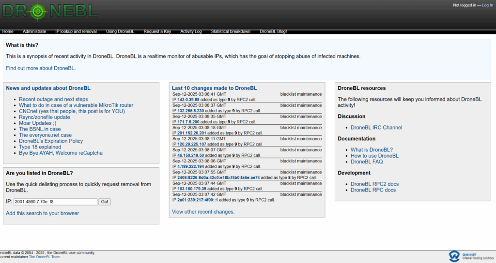 Lista negra de DroneBL: Elimina tu dirección IP de ella 1 Screenshot of the DroneBL website homepage displaying a summary of recent abusable IP activity, news updates, last 10 changes, resources links, and a tool to search deletions by IP address.