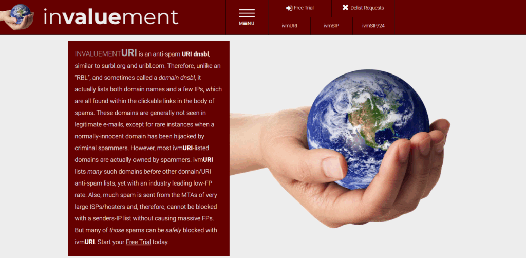 A hand gently cradles a small globe against a white background. On the right, a maroon sidebar features the logo invaluement and text describing their anti-spam product, with navigation buttons above.