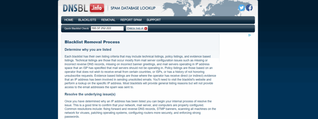 10 herramientas para eliminar direcciones IP de listas negras: Ventajas y desventajas 6 Screenshot of the DNSBL.info website showing a blacklist removal process. The page explains why IP addresses may be blacklisted and the steps to resolve issues, with a section for checking if an IP is blacklisted.