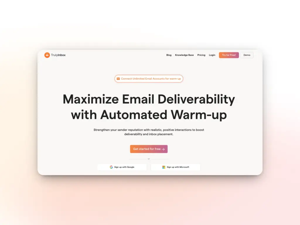 5 Best Inframail Alternatives for Email Outreach 6 Screenshot of the TrulyInbox website homepage, featuring the headline Maximize Email Deliverability with Automated Warm-up, plus buttons for getting started—showcasing a user-friendly platform ideal for those seeking Inframail alternatives.