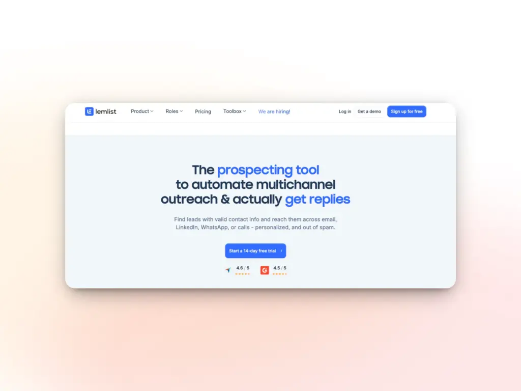 Top 7 MailScale Alternatives For Your Email Outreach 7 A webpage screenshot for Lemlist, a top prospecting tool to automate multichannel outreach and get replies. Features sign-up and Start 14-day free trial buttons, ratings, and text on its benefits as one of the best Mailscale alternatives.