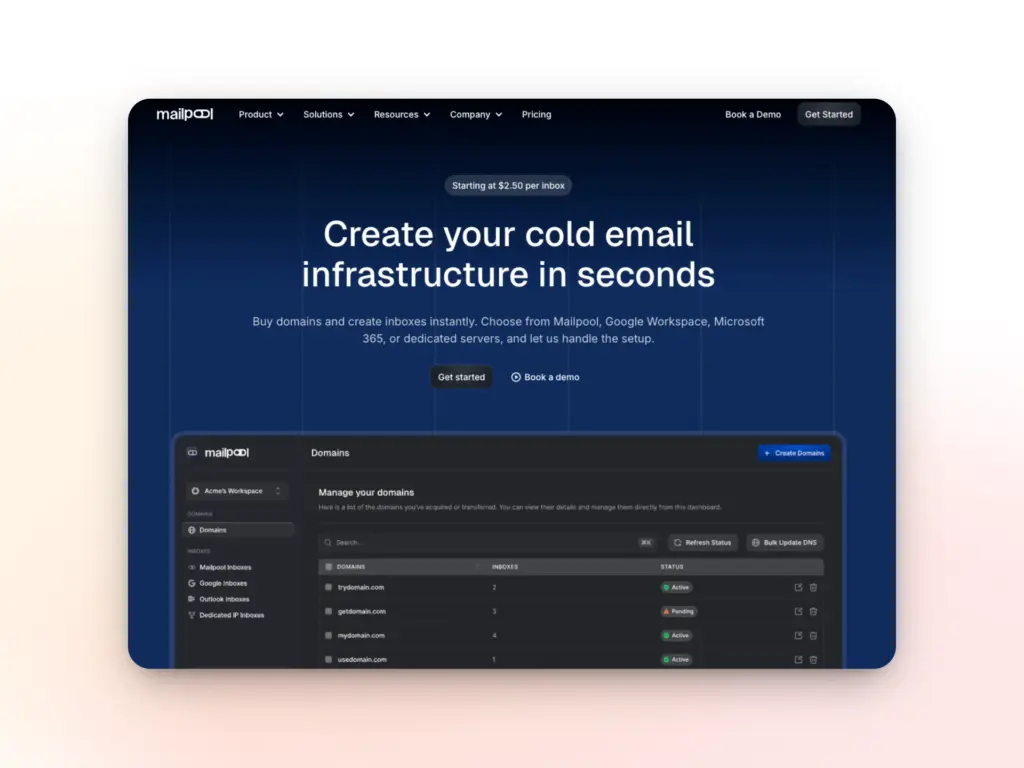 7 Best MailReef Alternatives for Cold Email in 2026 7 A website page for mailpzi featuring the headline: Create your cold email infrastructure in seconds, with options to get started or book a demo. Explore mailreef alternatives below with a dashboard for managing email domains.