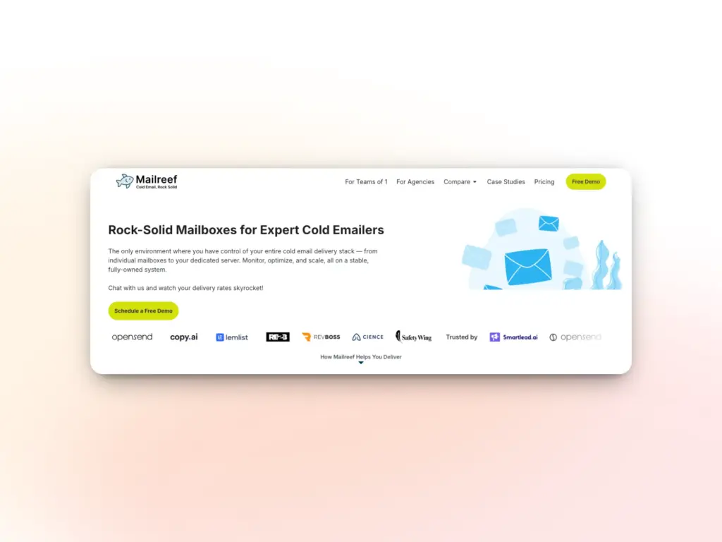 7 Best MailReef Alternatives for Cold Email in 2026 1 A website landing page for Mailreef showcases a headline about robust mailboxes for expert cold emailing, call-to-action buttons, partner logos, illustrated blue envelopes on the right, plus a section highlighting top Mailreef alternatives.