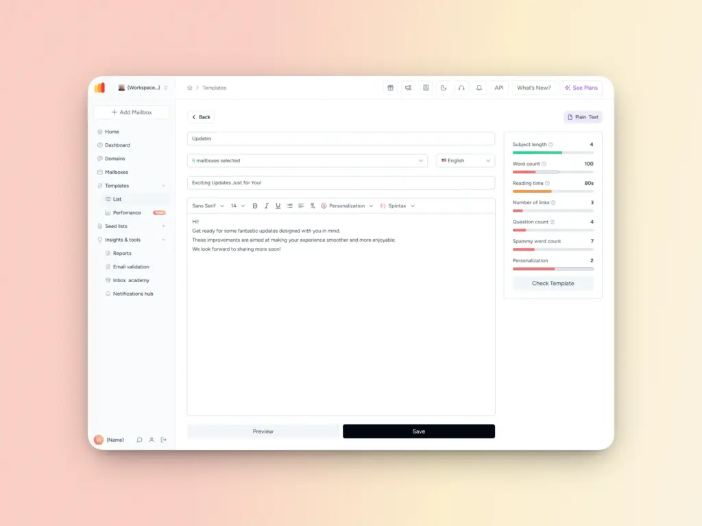 A computer screen displays an email template editor with sections for updates, subject, email body, and personalization. A sidebar offers writing tips like word count, originality, tone, spam score, and email deliverability on a light gradient background.