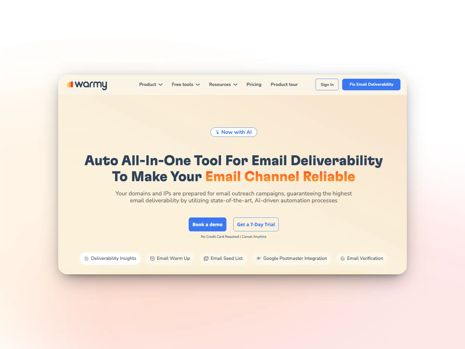 Screenshot of Warmy’s homepage showing a banner that reads: “Auto All-In-One Tool For Email Deliverability To Make Your Email Channel Reliable,” with buttons for booking a demo and exploring a 7-day trial—perfect for those who want to maximize COB meaning in email.