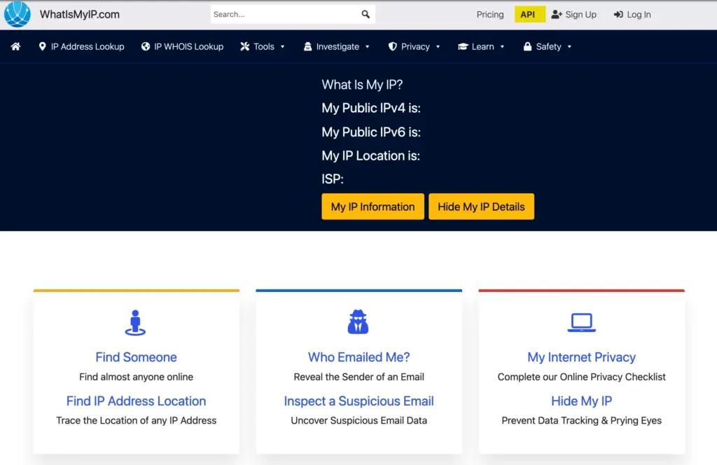10 herramientas para eliminar direcciones IP de listas negras: Ventajas y desventajas 7 Screenshot of the WhatIsMyIP.com homepage showing options to find IP details, trace IP location, check email sender, and review internet privacy. Menu and navigation bar are visible at the top.