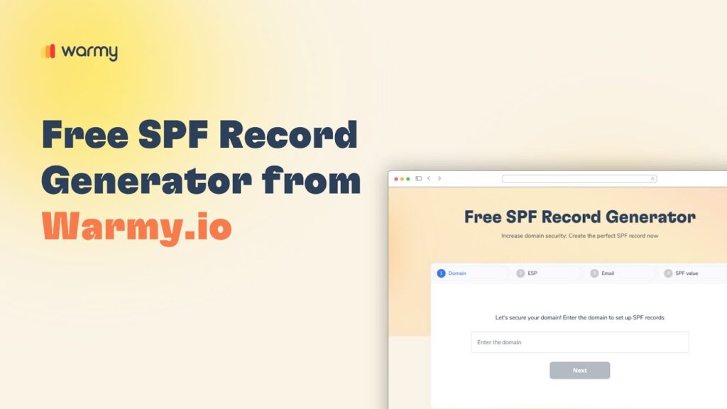4 estrategias para mejorar la capacidad de entrega de Yahoo! 4 An ad with the text Free SPF Record Generator from Warmy.io next to a screenshot of a website tool for creating SPF records, on a light background with the Warmy.io logo in the top left corner.