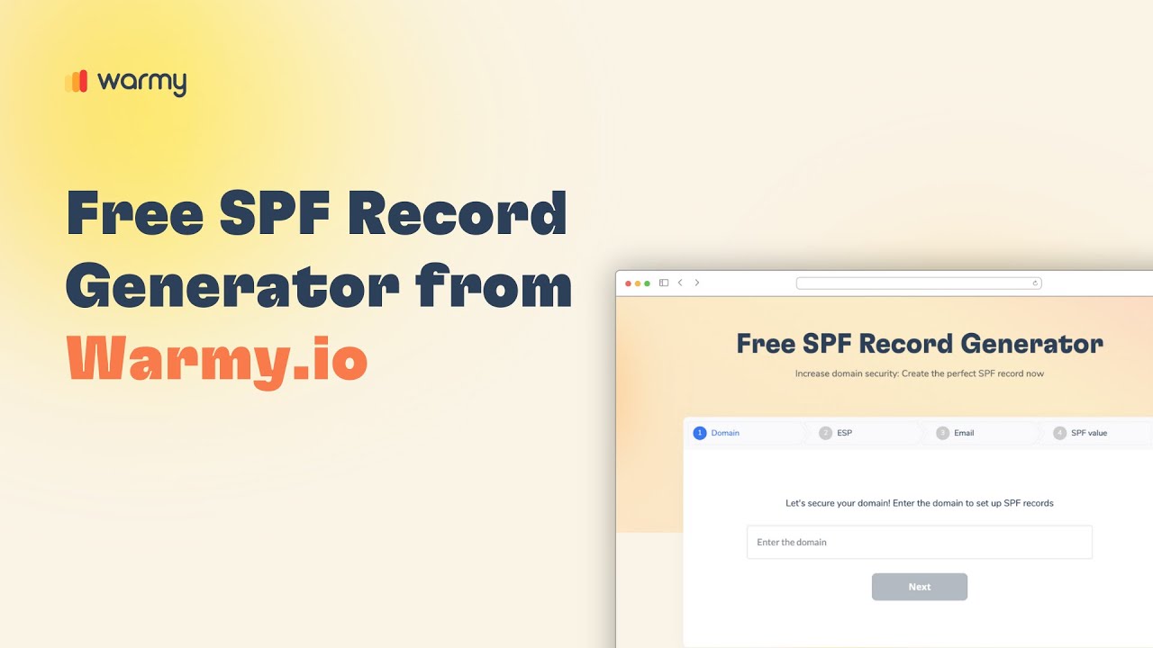 Spamhaus Zen: Cómo eliminar tu IP de la lista negra 13 An ad with the text Free SPF Record Generator from Warmy.io next to a screenshot of a website tool for creating SPF records, on a light background with the Warmy.io logo in the top left corner.