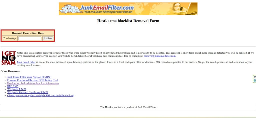 Lista negra Hostkarma: Cómo eliminar tu IP 1 Screenshot of the Hostkarma blacklist removal form webpage, displaying a simple interface with a search box for IP or hostname lookup, a Lookup button, and some informational text about blacklist removal.