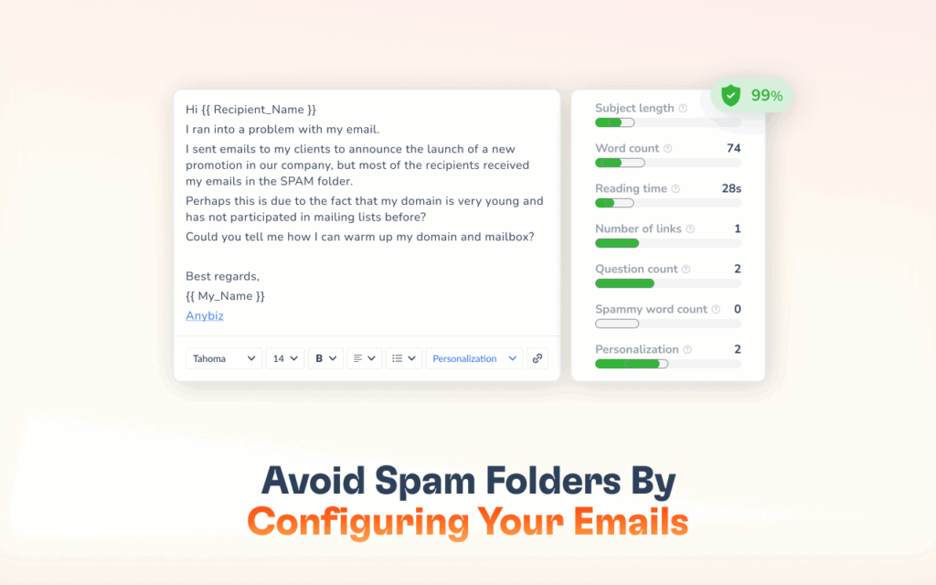 Listado de palabras que activan los filtros de spam 2 A screenshot shows an email composition window with analytics on subject length, word count, and spam score beside it. Text below reads, Avoid Spam Folders By Configuring Your Emails in blue and orange.