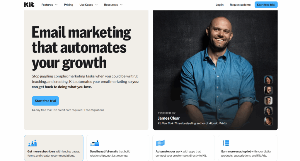 Entregabilidad de ConverKit: Mejores prácticas y herramientas 1 Screenshot of the Kit website homepage featuring a headline on email marketing automation, a smiling man seated with arms crossed, client testimonials, and navigation buttons for features, pricing, and a free trial.