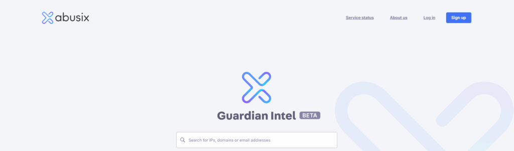 Abusix Guardian Intel webpage with logo, navigation links (Service status, About us, Log in, Sign up), a search bar for IPs, domains, or email addresses, and a large stylized logo in the background.