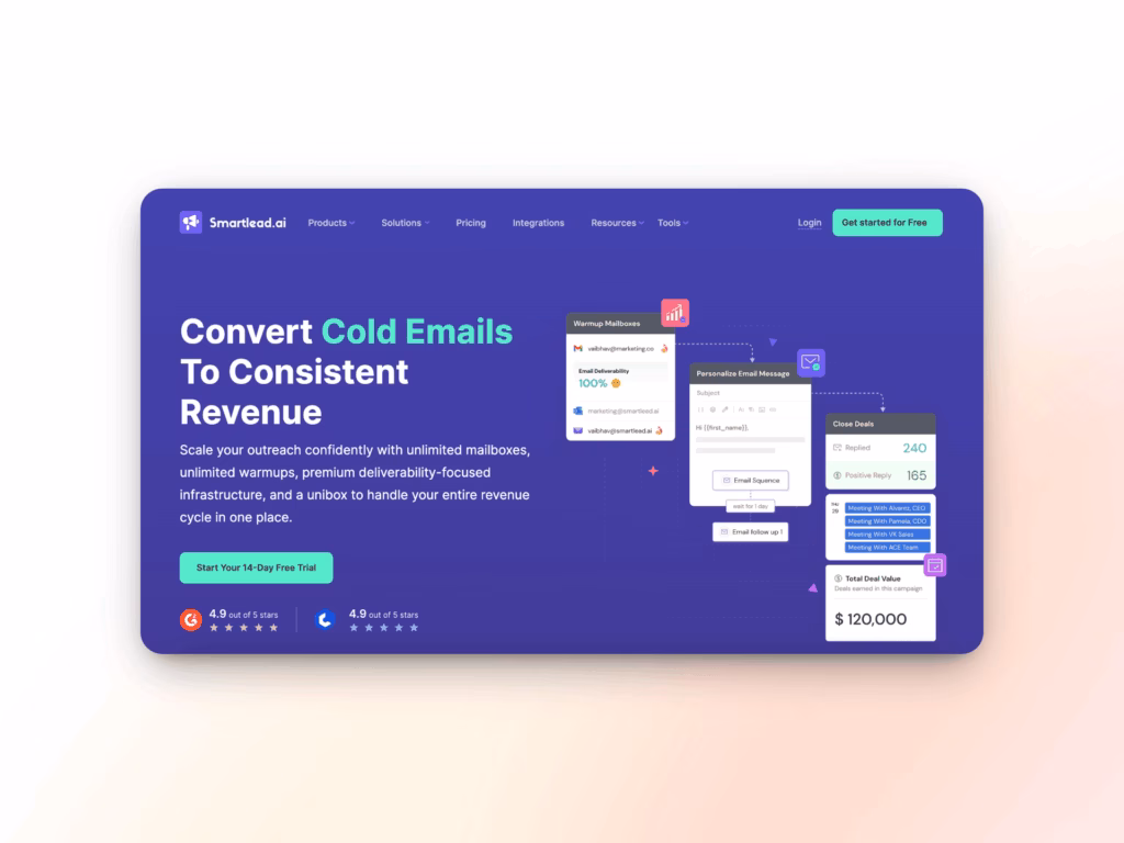10 Tools to Improve Email Deliverability in Your OKR-Driven Outreach Strategy 3 A website homepage for Smartee.ai showcases a headline Convert Cold Emails To Consistent Revenue, compares maildoso alternatives, and features a call-to-action button, detailed descriptions, and colorful email analytics graphics on a purple background.