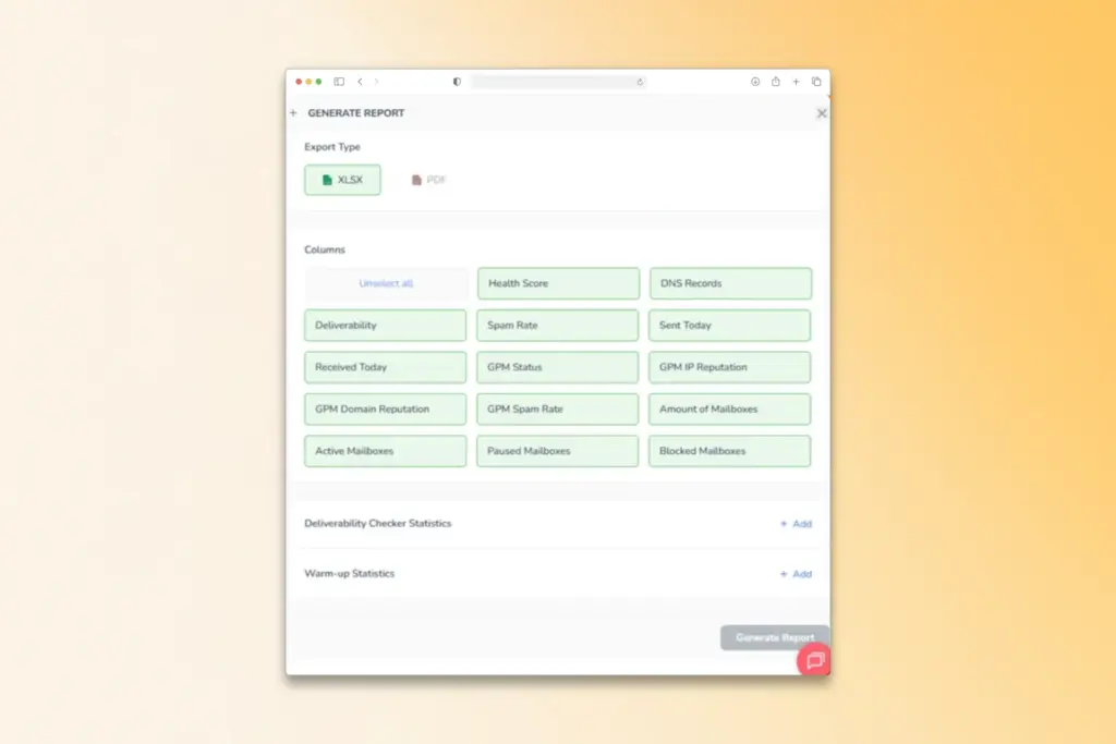 2025 Updates: New Warmy Features to Boost Email Deliverability 1 A web page titled Generate Report highlights warmy features like exporting as XLSX or PDF and selecting columns such as Health Score, DNS Records, Spam Rate, and Deliverability. A Generate Report button sits at the bottom right.