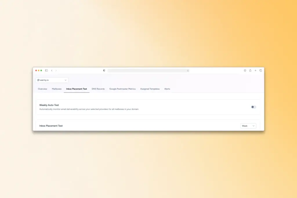2025 Updates: New Warmy Features to Boost Email Deliverability 3 A computer screen shows a browser window open to an email monitoring dashboard with tabs like Overview, Mailbox, Inbox Placement Test, and DNS Records, highlighting key Warmy features against a yellow-orange gradient background.