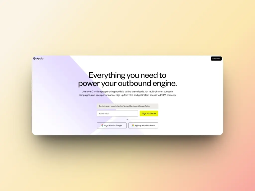 10 Tools to Improve Email Deliverability in Your OKR-Driven Outreach Strategy 7 A website landing page for Apollo featuring a headline, Everything you need to power your outbound engine. With a focus on email deliverability, the page offers a signup form and options to sign up using Google or Microsoft accounts on a light gradient background.