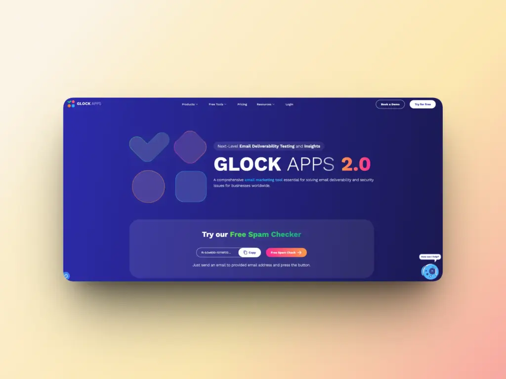 10 Tools to Improve Email Deliverability in Your OKR-Driven Outreach Strategy 4 A website homepage for Glock Apps 2.0 features a dark blue background with colorful icons, bold text, and a call-to-action button inviting users to try a free Email Deliverability spam checker.