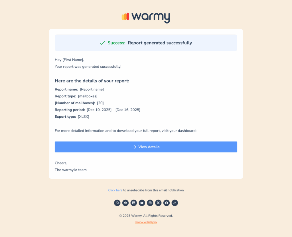 Supervisa la entregabilidad de tus correos con alertas en tiempo real 2 An email from Warmy showing a successful email deliverability reporting message, report details like type, number, period, and a blue View details button, with unsubscribe and copyright info at the bottom.
