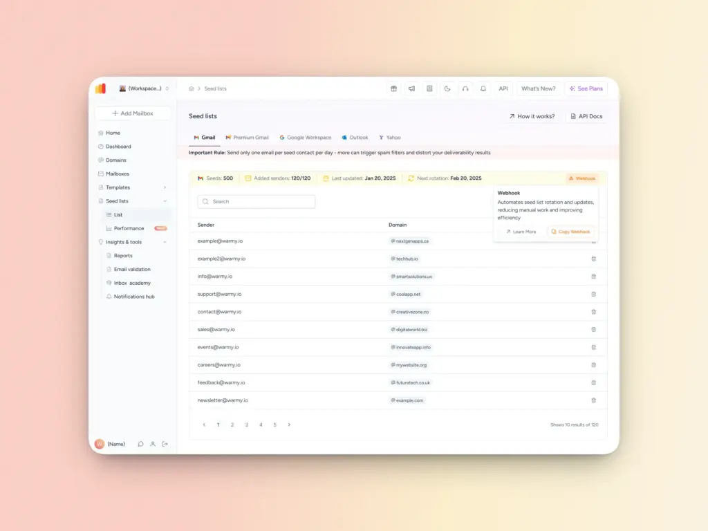 A computer screen displays a web dashboard showing a list of seed email addresses, their domains, and a notification alert about deliverability and seed sets. The interface has menus on the left and tabs at the top.