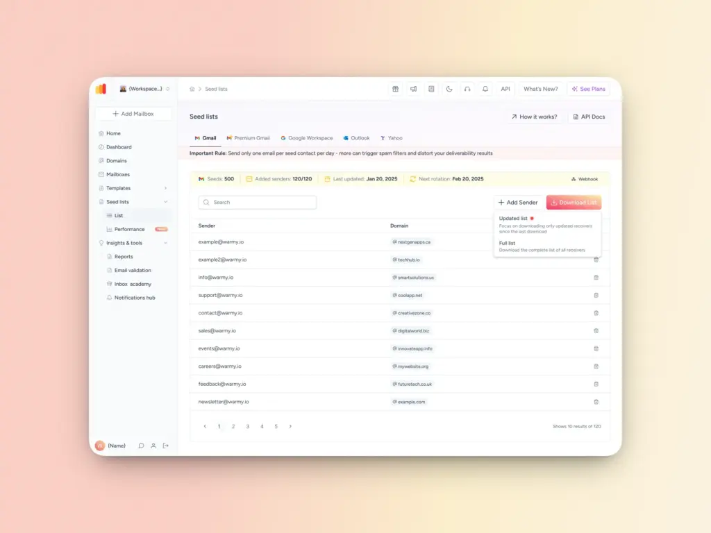 A screenshot of an email management dashboard showing a “Seed lists” page with columns for email, domain, and status. The interface includes menu items on the left and options to add senders or download lists.