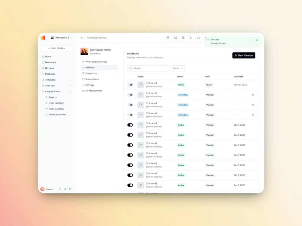 A desktop workspace management dashboard displays a list of members, their status, roles, and join dates. Toggles for each member are visible, along with navigation options on the left sidebar.