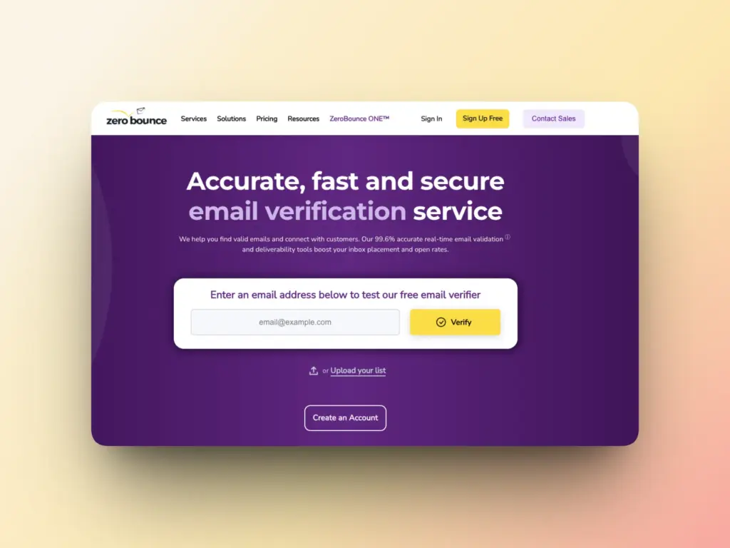10 Tools to Improve Email Deliverability in Your OKR-Driven Outreach Strategy 5 A website landing page for ZeroBounce offers an email verification service to boost Email Deliverability. It features a purple background, a text field to enter an email address for free verification, and buttons to verify or create an account.