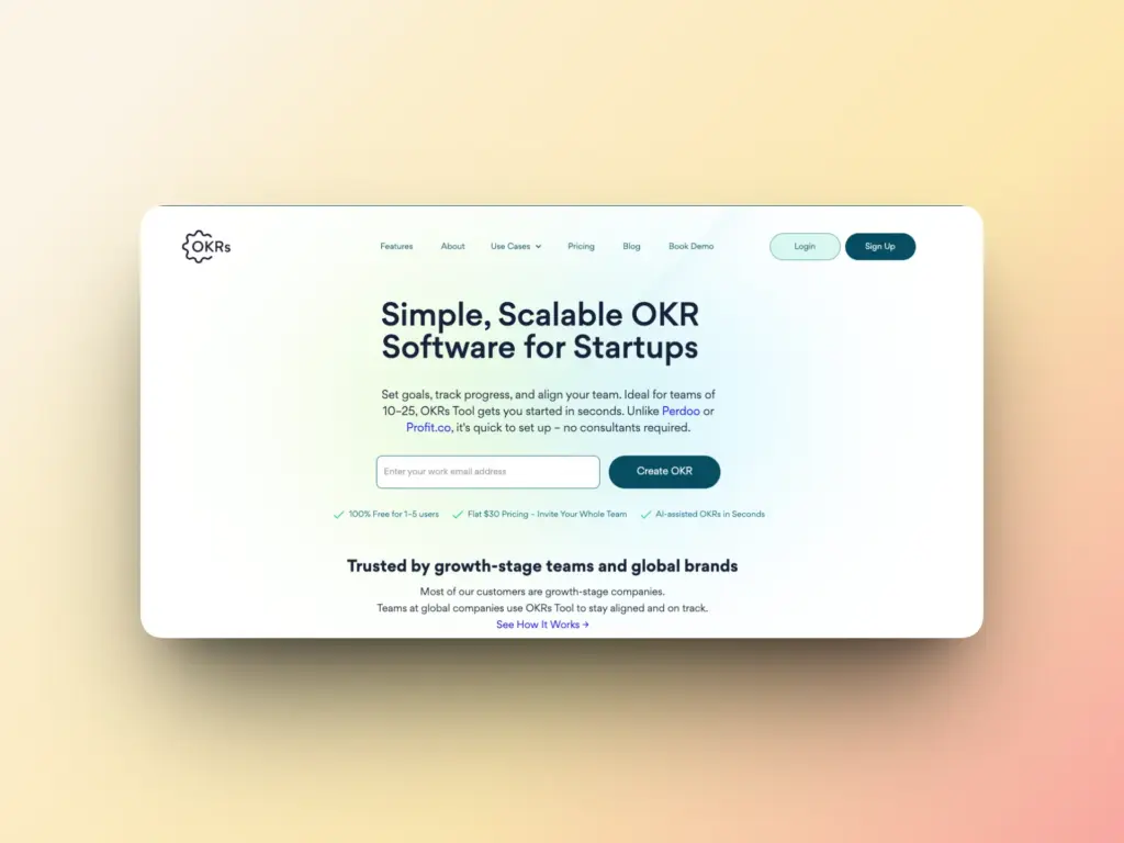 10 Tools to Improve Email Deliverability in Your OKR-Driven Outreach Strategy 2 A website landing page for OKR software, featuring a headline about scalable OKR tools for startups, a goal input field, call-to-action buttons, and trusted brand logos—plus insights on how Email Deliverability supports seamless team updates.