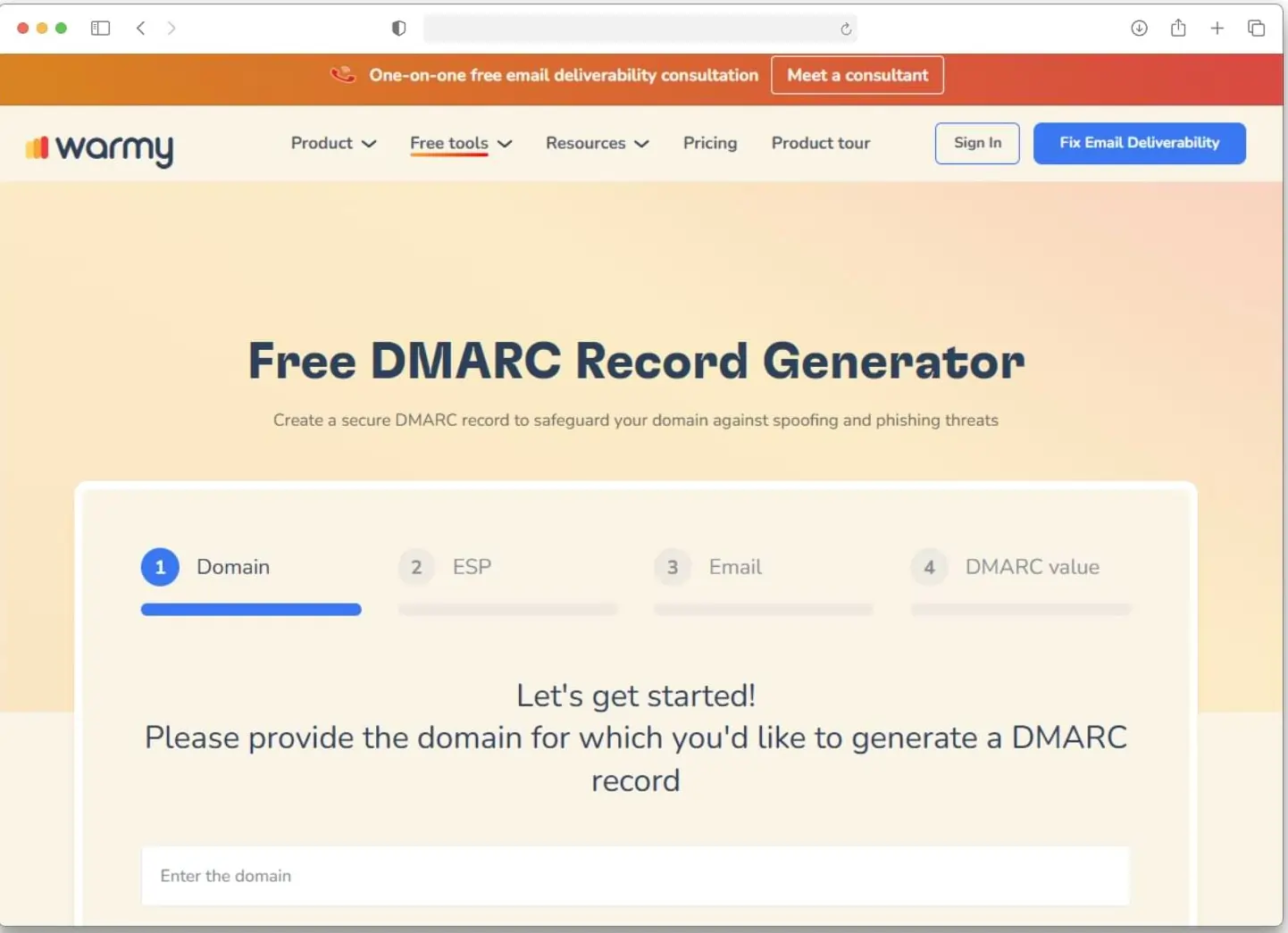 Top DMARC Reporting and Monitoring Tools in 2026 1 Warmy's free DMARC Record Generator Screenshot