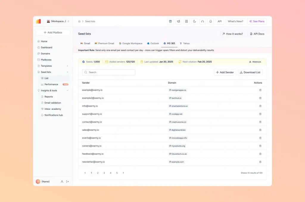 Warmy Seedlist dashboard — MS365 split, sender management and download