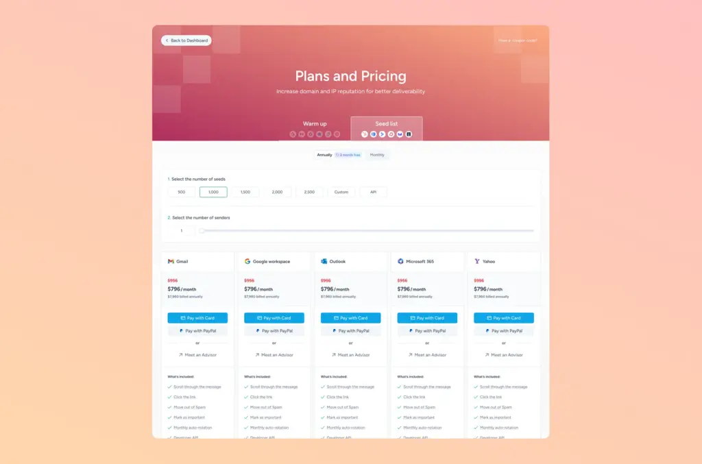 Warmy Plans and Pricing page — new MS365 seed list card for self-service purchase
