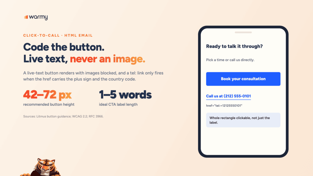 Clickable Phone Numbers & Buttons in HTML Email: A Click-to-Call Guide 1 A coded HTML email button and a tel: link shown on a phone, with 42 to 72 pixels as the recommended button height and one to five words as the ideal CTA label