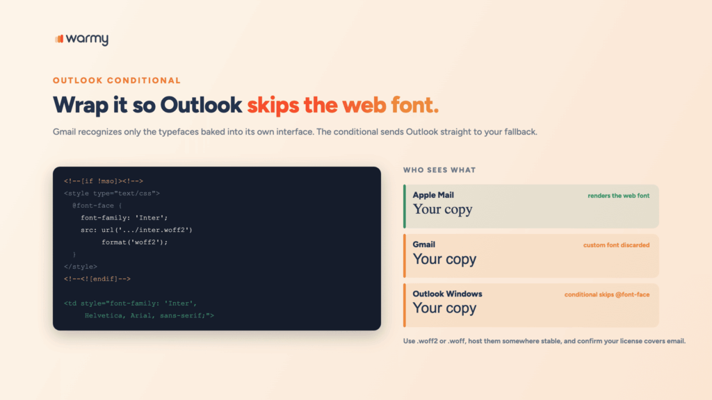 Best Email-Safe Fonts for Deliverability and Readability 3 Conditional comment wrapping an @font-face rule so Outlook skips it, with Apple Mail rendering Inter while Gmail and Outlook fall back to Helvetica and Arial