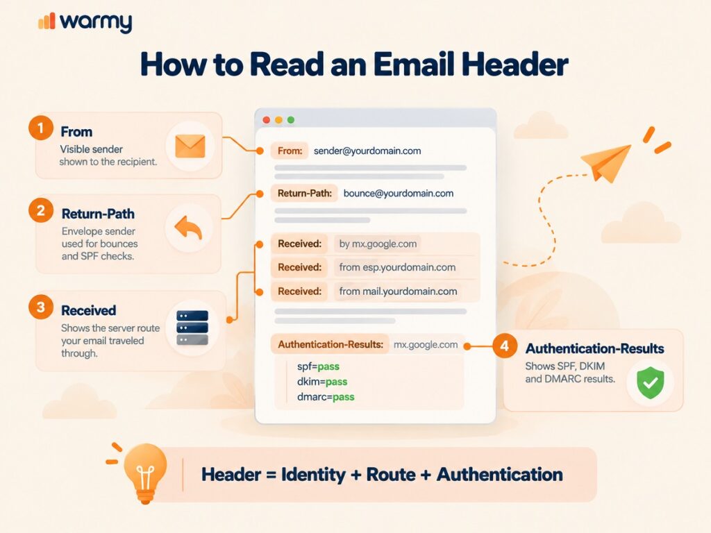Annotated email header showing From, Return-Path, Received, and Authentication-Results fields