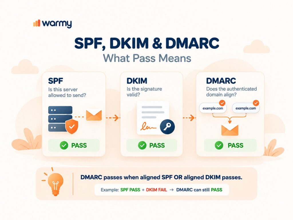 SPF, DKIM, and DMARC email header results explaining what authentication pass means