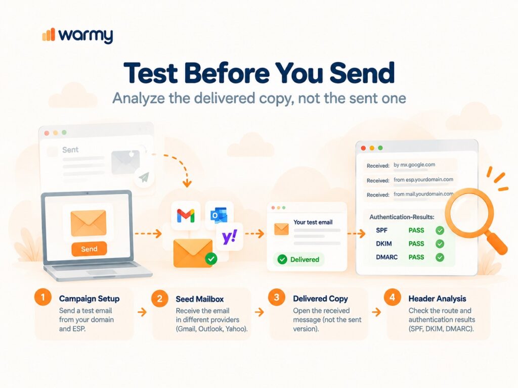 Email deliverability test workflow from seed mailbox delivery to email header analysis