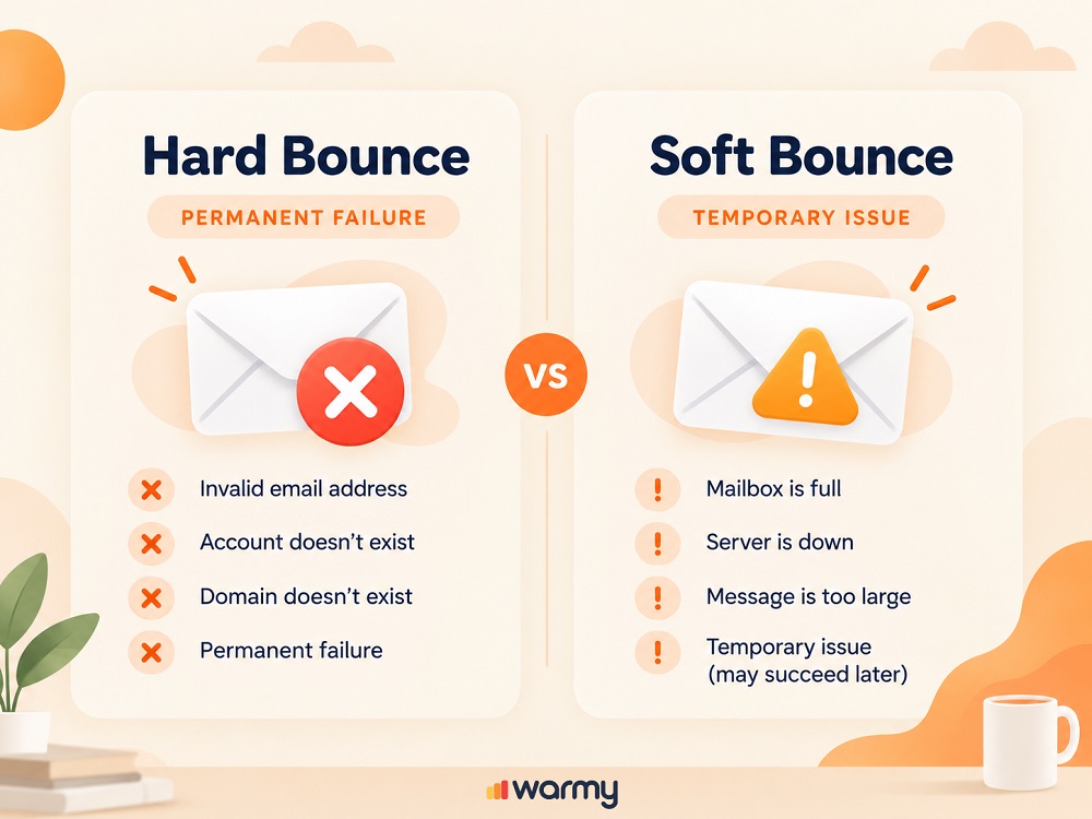 Email Verifier: How to Check If an Email Address Is Valid (Without Sending One) 3 Hard bounce vs soft bounce comparison chart
