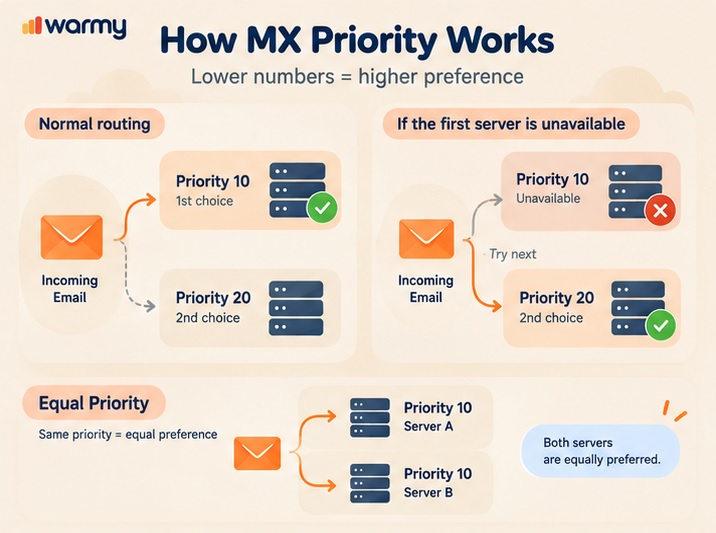 MX and DNS Record Lookup for Email: How to Check Your Setup Before It Breaks 2 Example of MX record priority values and failover