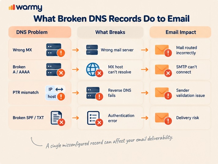 MX and DNS Record Lookup for Email: How to Check Your Setup Before It Breaks 4 Diagram showing impact of broken DNS records on email delivery