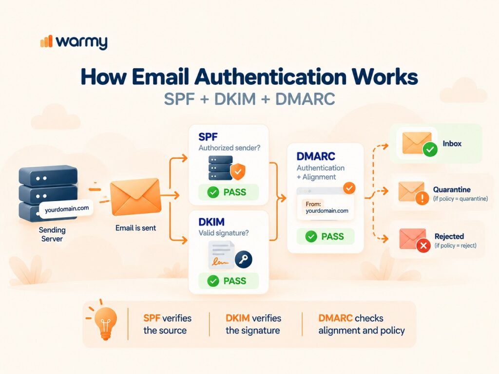 Free SPF, DKIM & DMARC Checker: Test & Fix Your Email Authentication in Seconds 1 Diagram showing how SPF DKIM and DMARC authenticate an email together