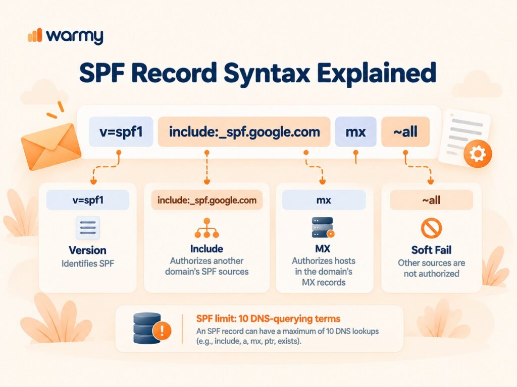 Free SPF, DKIM & DMARC Checker: Test & Fix Your Email Authentication in Seconds 3 Breakdown of SPF record syntax showing version mechanisms and qualifiers