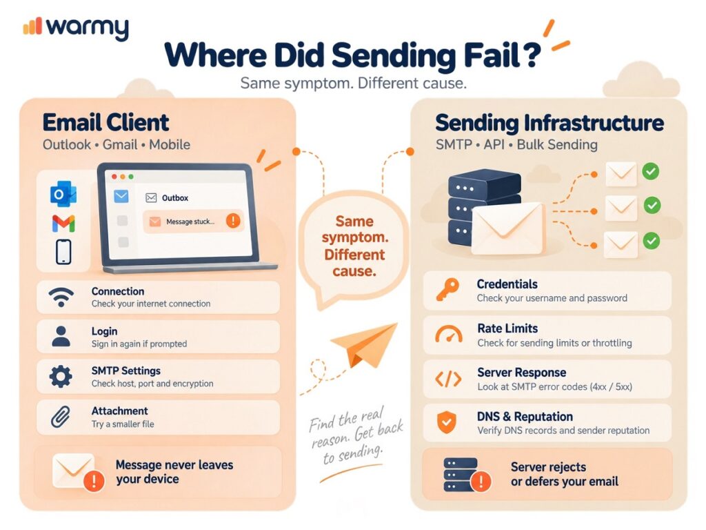 Diagram comparing email client vs bulk sending failure scenarios
