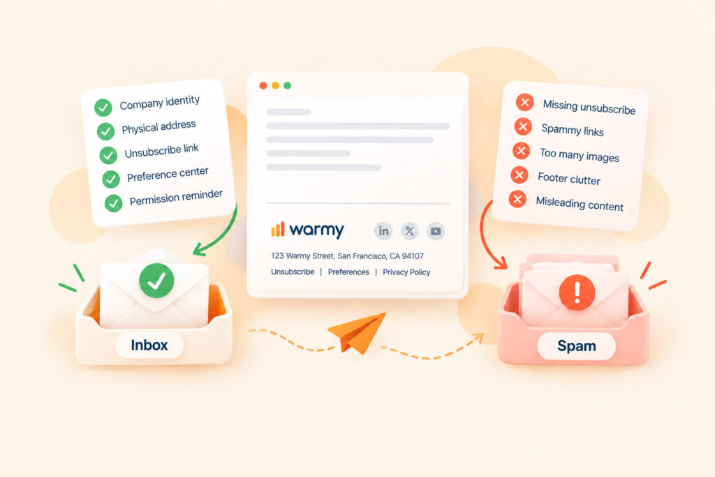 Email Footer Best Practices: What to Include and What Hurts Deliverability 3 Email footer deliverability risks showing unsubscribe complaints sender identity and broken links