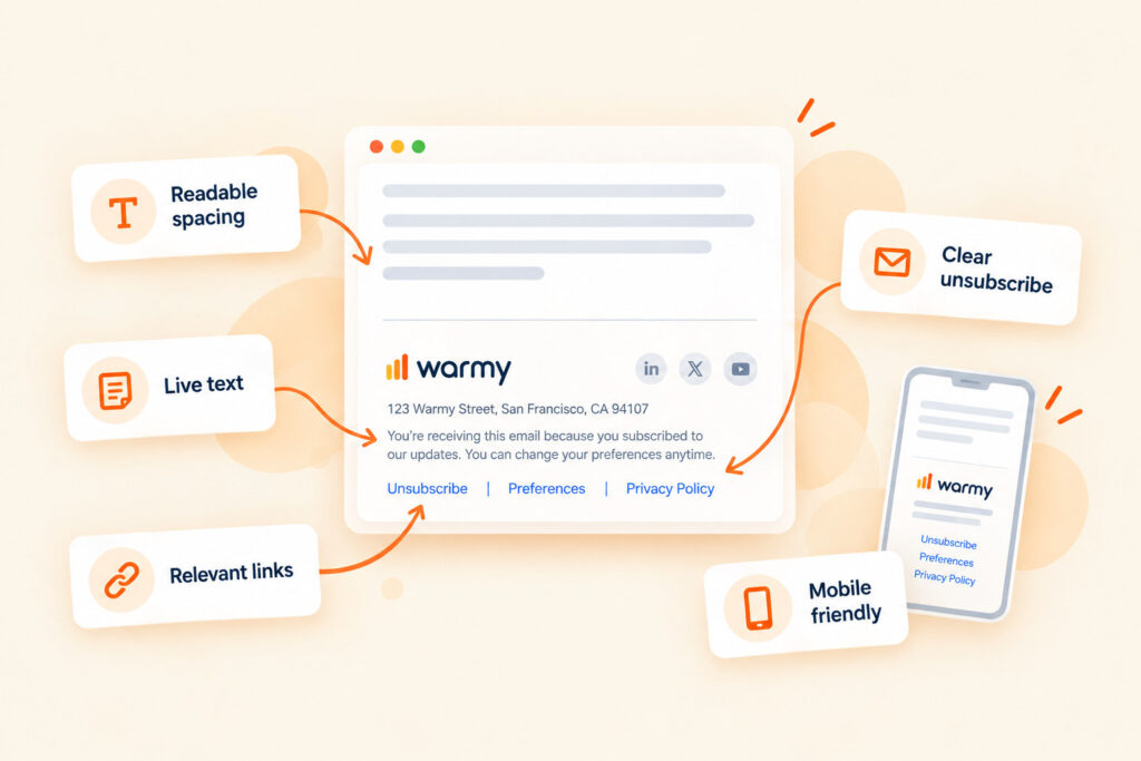 Email Footer Best Practices: What to Include and What Hurts Deliverability 4 Professional email footer design best practices with unsubscribe address preference center and live HTML text