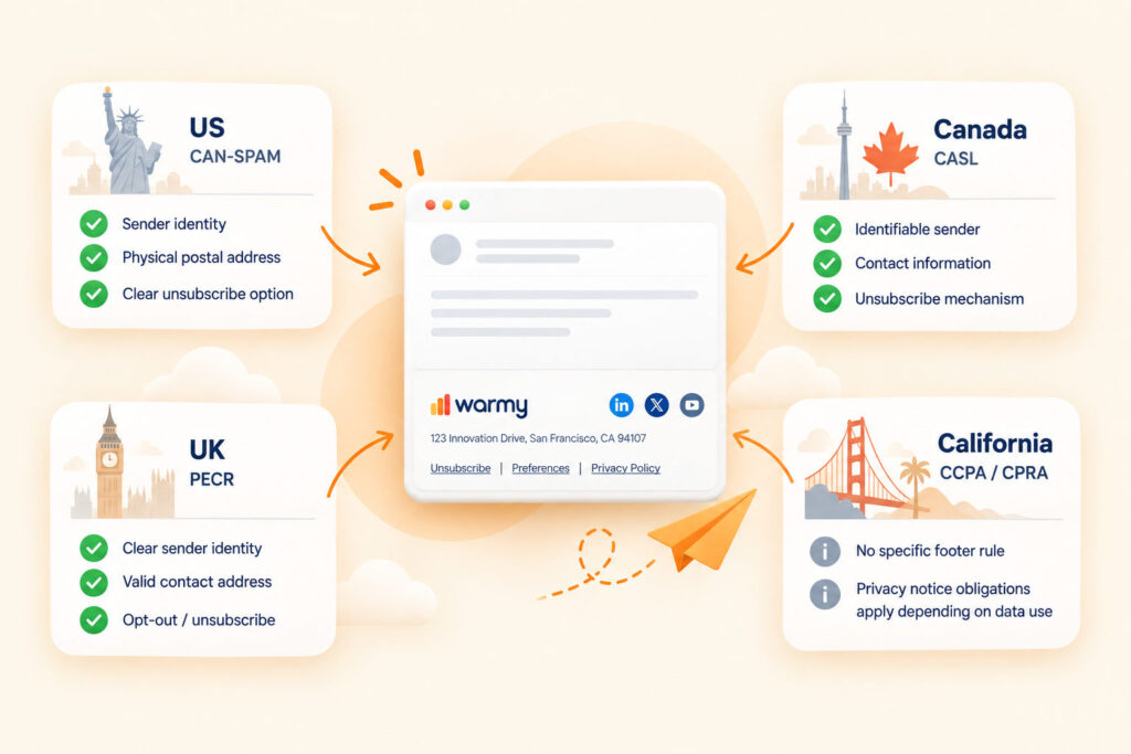 Email Footer Best Practices: What to Include and What Hurts Deliverability 2 Email footer legal requirements comparison for CAN-SPAM CASL PECR and CCPA