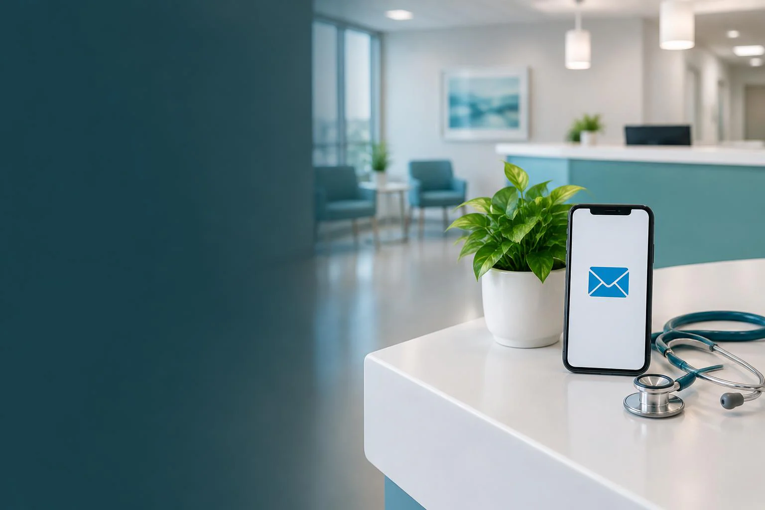 Clinic reception with a phone displaying an email envelope beside a stethoscope